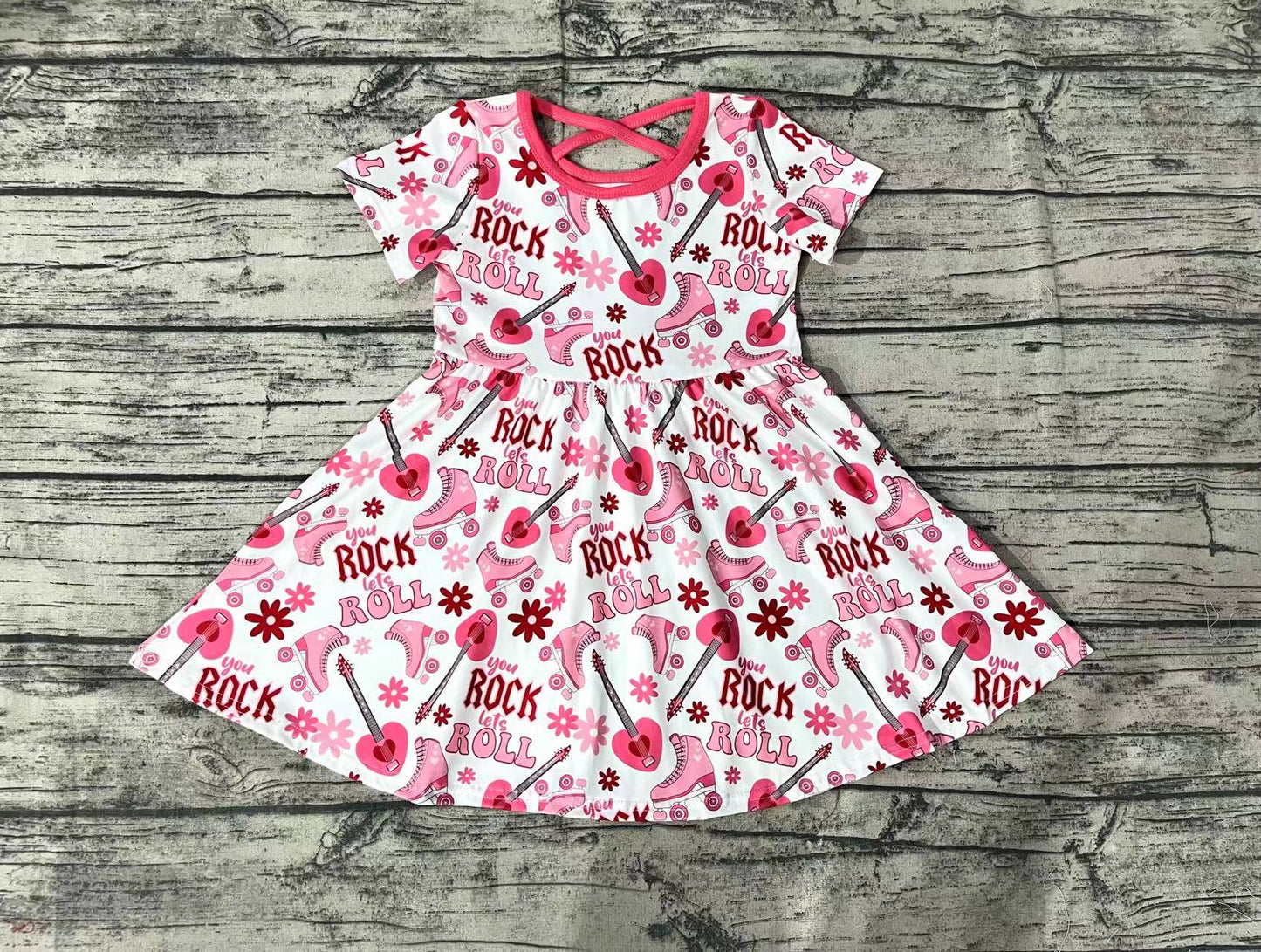 Baby Girls Valentines Rock Roll Short Sleeve Knee Length Dresses