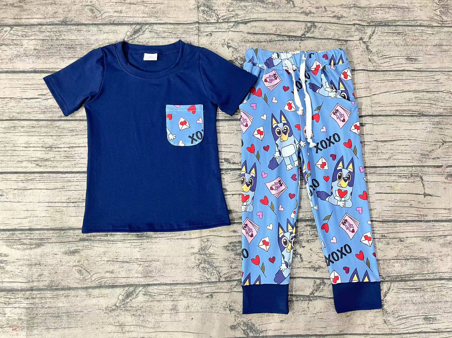 Baby Boys Valentines Navy Dog Hearts Short Sleeve Shirts Pants Clothes Sets