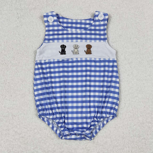 Baby Infant Boys Dogs Blue Checkered Sleeveless Rompers