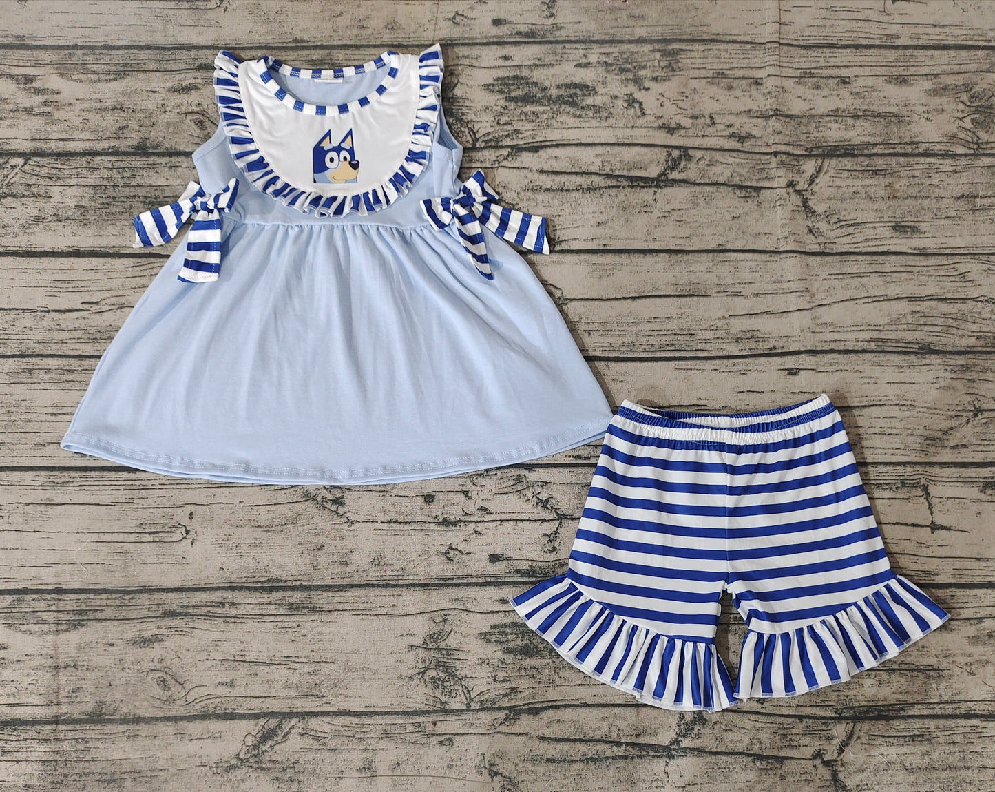 Baby Girls Dog Blue Tunic Top Ruffle Shorts Clothes Sets