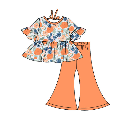 Baby Girls Orange Flowers Tunic Top Bell Pants Sets preorder(moq 5)