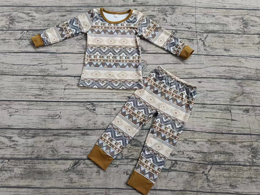 Baby Boys Western Grey Aztec Long Sleeve Tops Pants Pajamas Outfits Sets Preorder(moq 5)