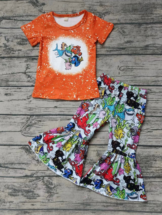 Baby Girls Fishes Cartoon Short Sleeve Shirt Bell Pants Clothing Sets Preorder(moq 5)