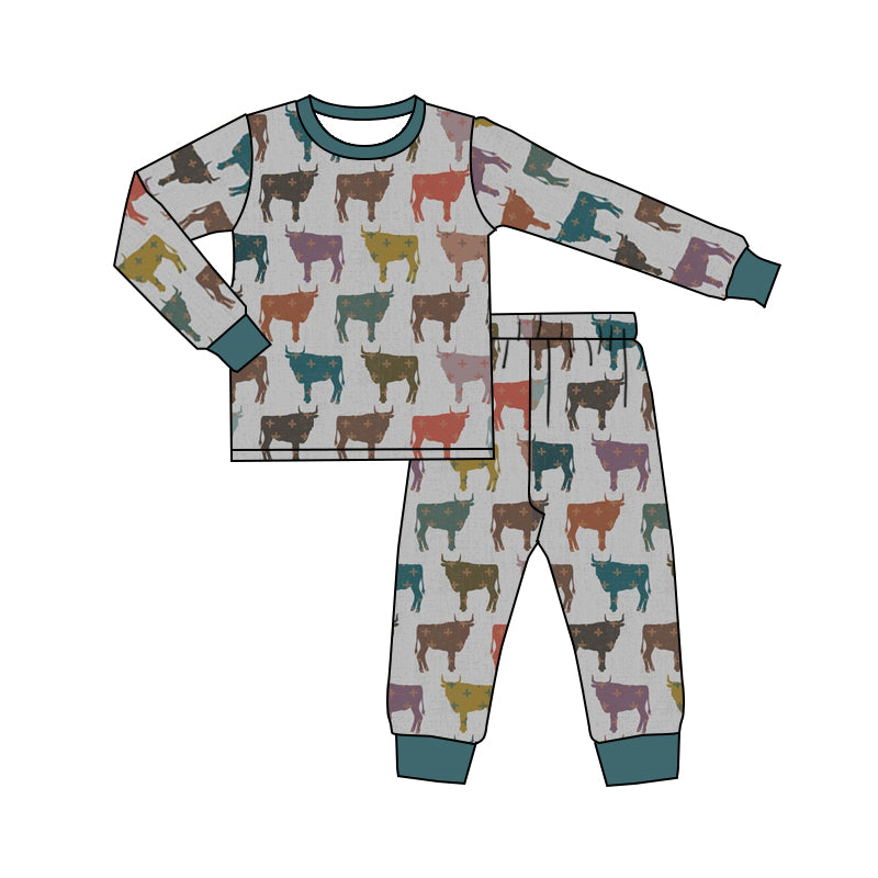 Baby Kids Western Cows Print Tee Pants Pajamas Clothing Sets Preorder(moq 5)