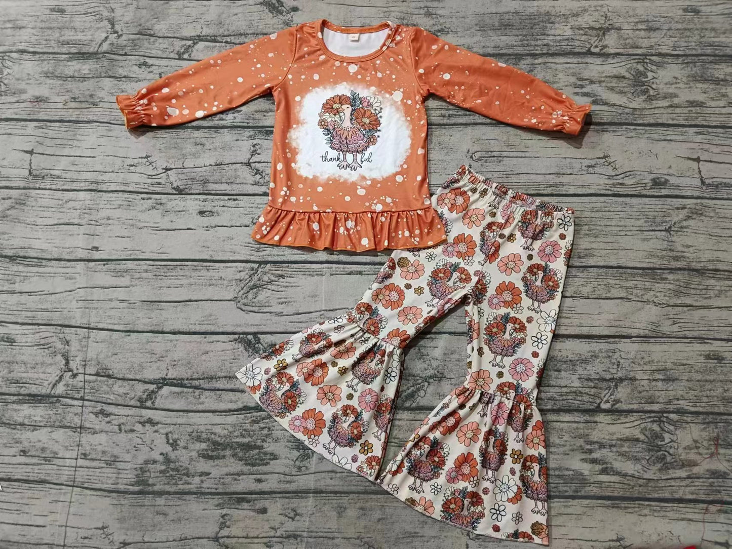 Baby Girls Turkey Flowers Shirt Bell Bottom Pants Clothes Sets Preorder(moq 5)