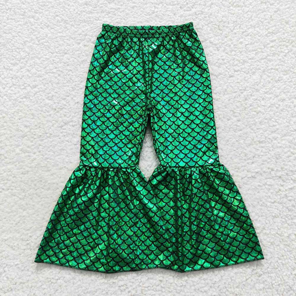P0250 Baby Girls Green Mermaid Scale Holographic Spandex Bell Bottom Pants