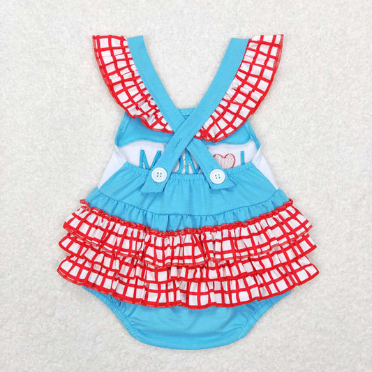 Baby Infant Girls I Love Mom Blue Ruffle Bubble Rompers