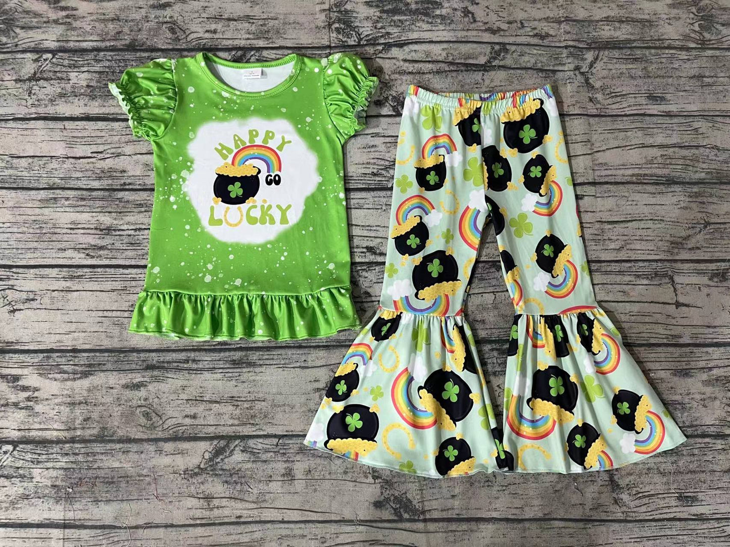 Baby Girls Happy Lucky Shirts Tops St Patrick Day Bell Pants Clothes Sets