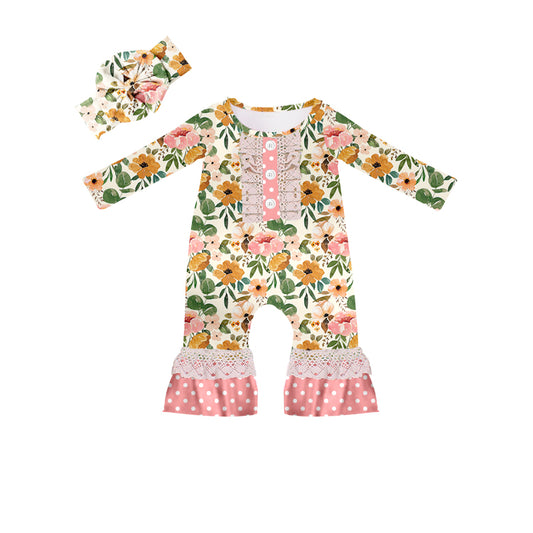 Baby Infant Girls Orange Green Flowers Long Sleeve Rompers preorder(moq 5)