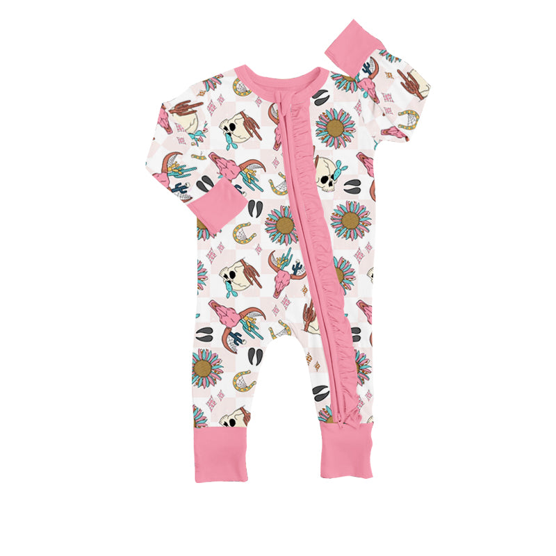 Baby Infant Girls Western Pink Cows Long Sleeve Zip Rompers preorder(moq 5)