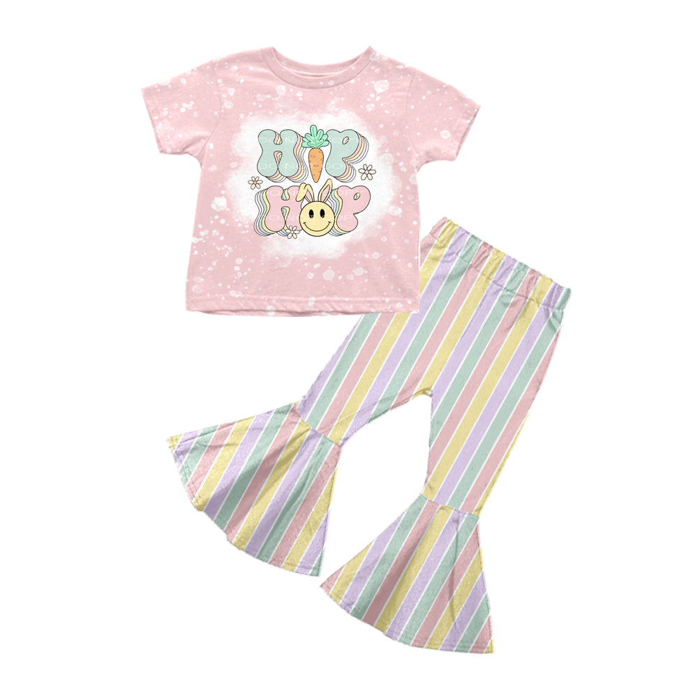 Baby Girls Happy Easter Hip Hop Tee Shirt Stripes Pants Sets preorder(moq 5)