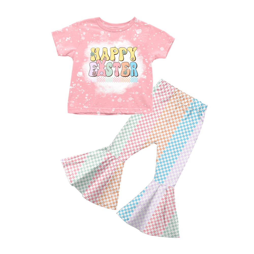 Baby Girls Happy Easter Tee Shirt Checkered Pants Sets preorder(moq 5)
