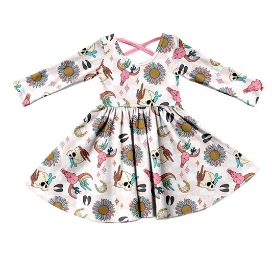 Baby Girls Pink Western Cows Long Sleeve Knee Length Dresses preorder(moq 5)