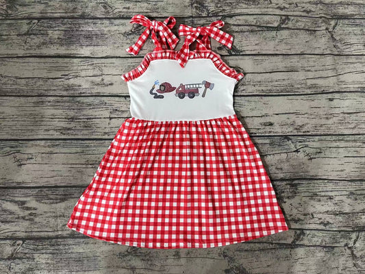 Baby Girls Fire Truck Red Checkered Straps Knee Length Dresses