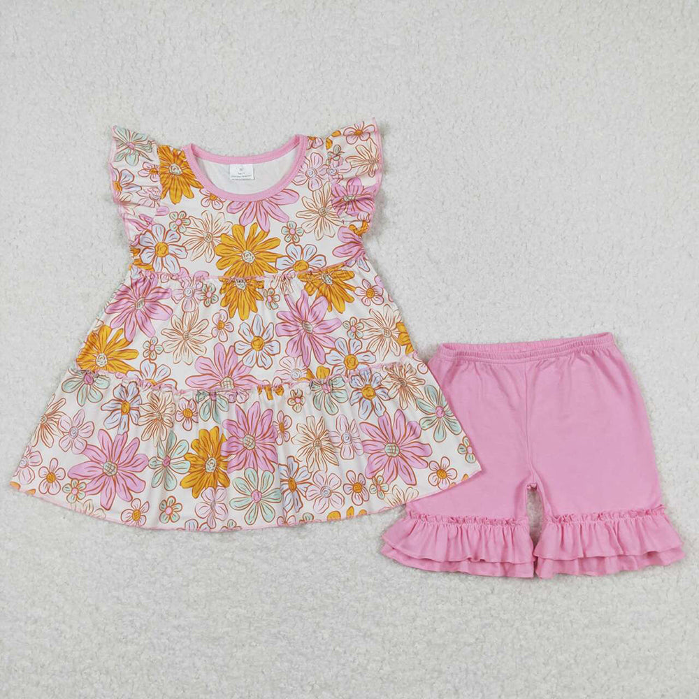 Baby Girls Orange Flowers Tunic Pink Shorts Summer Clothes Sets