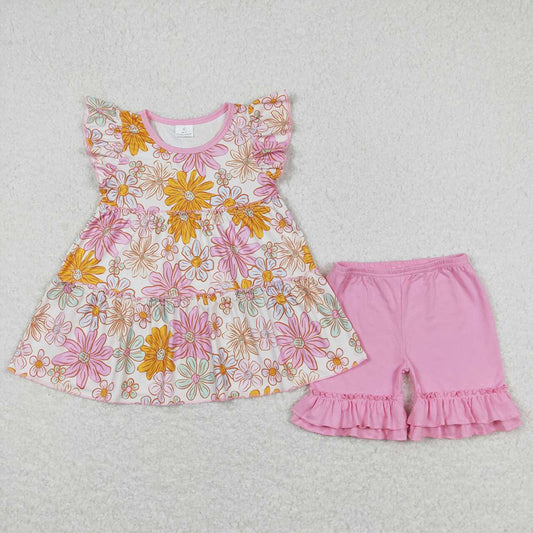 Baby Girls Orange Flowers Tunic Pink Shorts Summer Clothes Sets