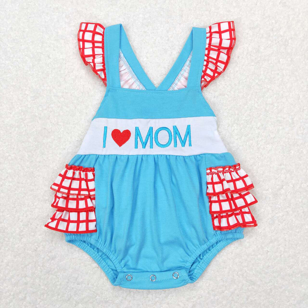 Baby Infant Girls I Love Mom Blue Ruffle Bubble Rompers