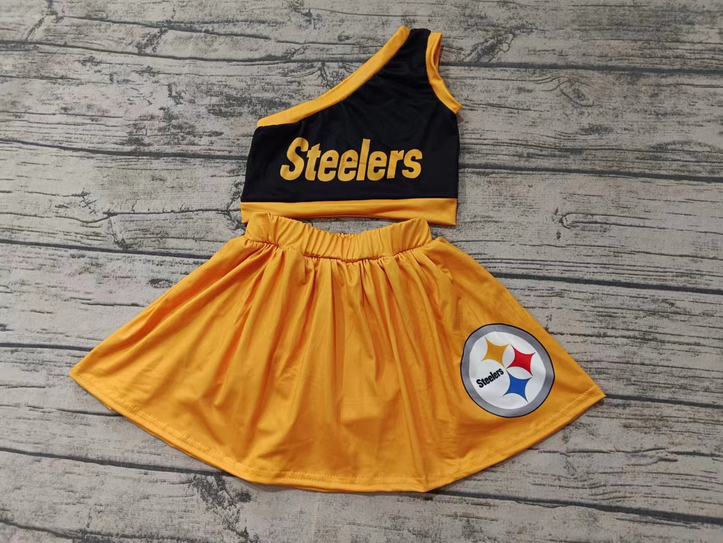 Baby Girls One Shoulder Steelers Cheer Team Top Skirt Clothes Sets preorder(MOQ 5)