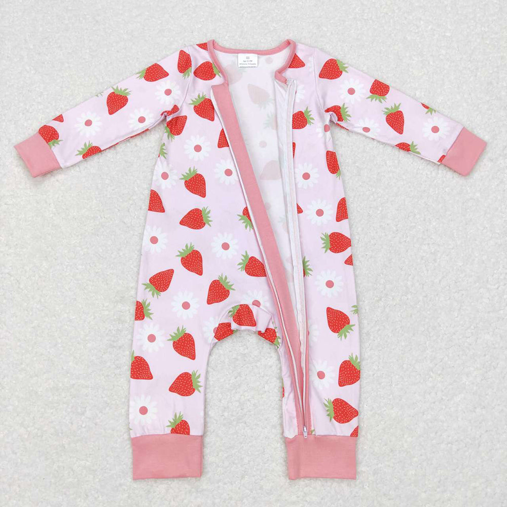 Baby Infant Girls Pink Strawberry Long Sleeve Zip Rompers