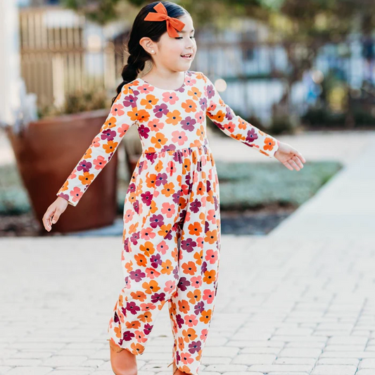 Baby Girls Orange Maroon Flowers Boutique Long Sleeve Jumpsuits preorder(moq 5)