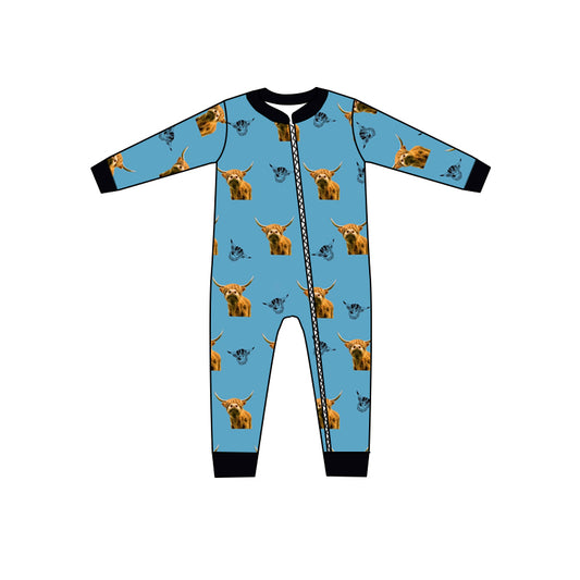 Baby Infant Boys Western Blue Cows Long Sleeve Zip Rompers preorder(moq 5)