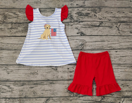 Baby Girls 4th Of July Dog Flag Bow Top Ruffle Shorts Clothing Sets preorder