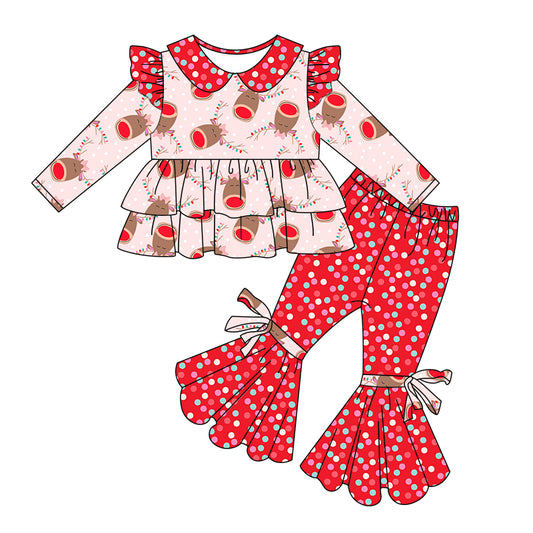 Baby Girls Christmas Deer Ruffle Tunic Bell Bow Pants Clothing Sets preorder(moq 5)