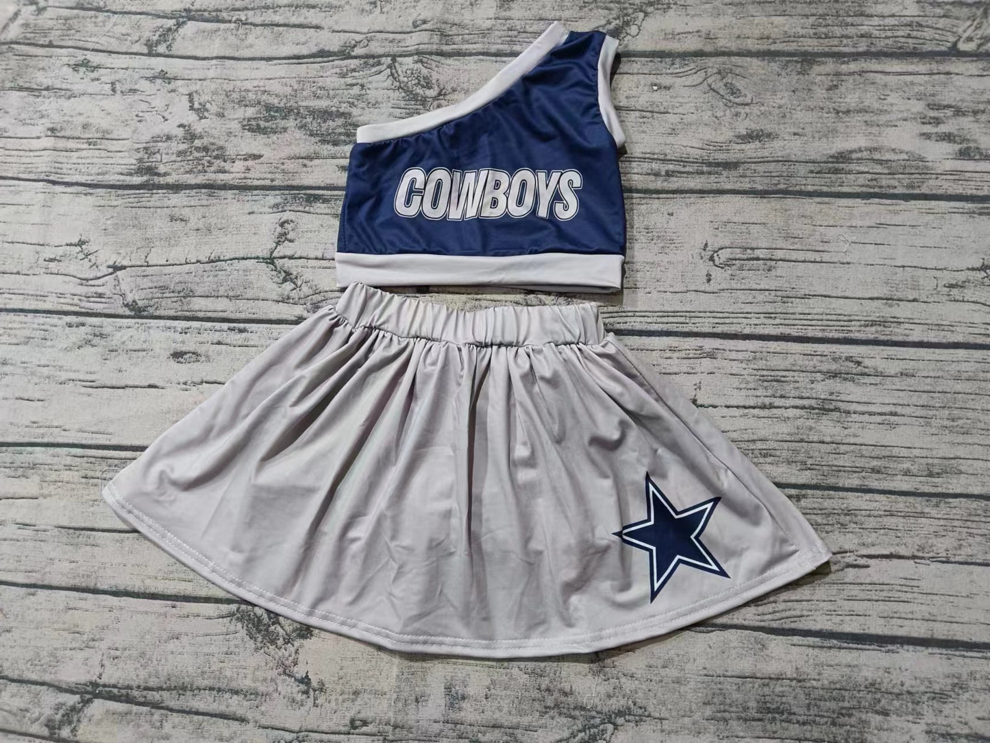 Baby Girls One Shoulder Cowboys Cheer Team Top Skirt Clothes Sets preorder(MOQ 5)