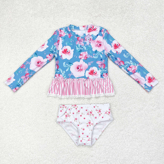 Baby Girls Summer Blue Pink Flowers Top Bummie 2pcs Swimsuits