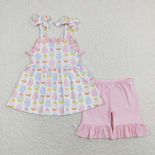 Baby Girls Pink Ruffle Easter Eggs Straps Tunic Top Ruffle Shorts Clothes Sets