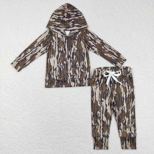 Baby Girls Boys Brown Camo Long Sleeve Hooded Shirts Hunting Pants Clothes Sets