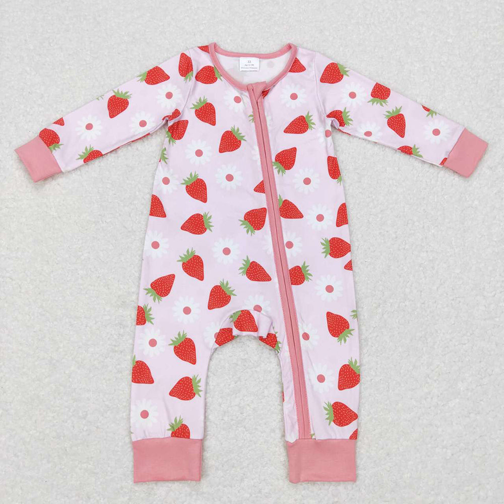 Baby Infant Girls Pink Strawberry Long Sleeve Zip Rompers