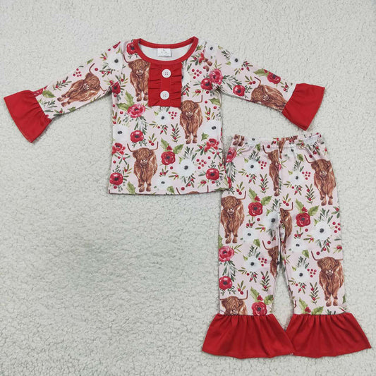 Christmas Baby Girls Red Flowers Cows Shirt Ruffle Pajamas Clothes Sets