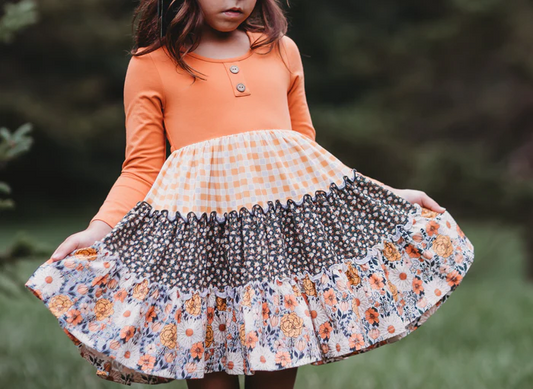 Baby Girls Orange Flowers Boutique Long Sleeve Dresses preorder(moq 5)