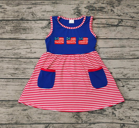 Baby Girls Sleeveless 4th Of July Pockets Flags Knee Length Dresses Preorder