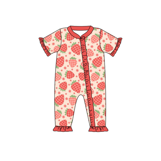 Baby Girls Ruffle Strawberry Short Sleeve Zip Rompers preorder(moq 5)