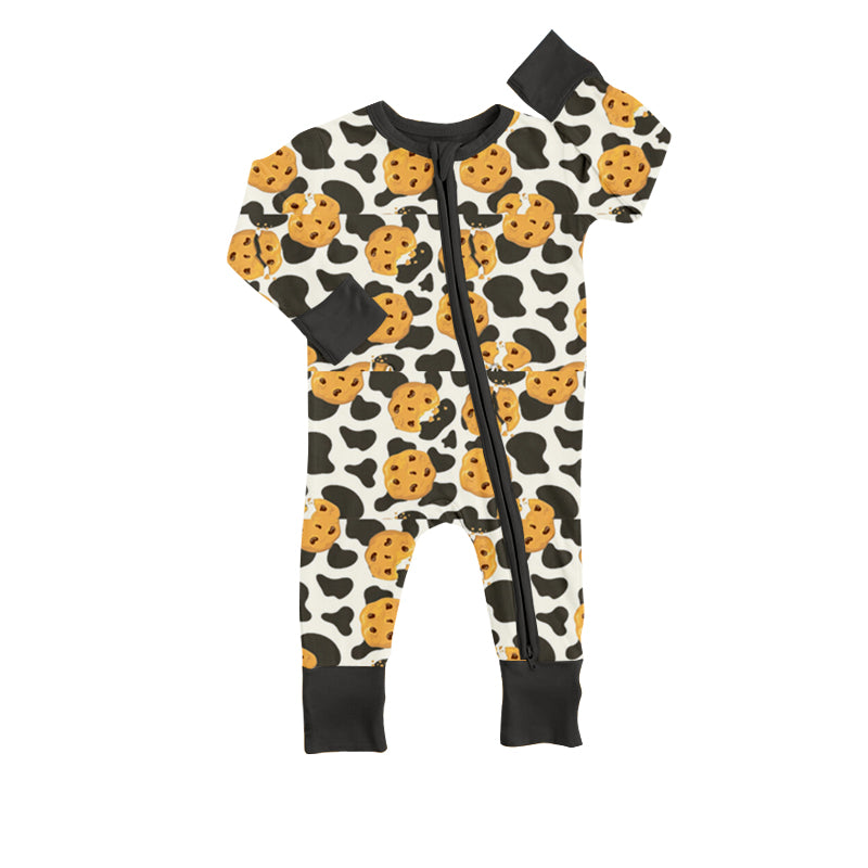 Baby Kids Cookie Cow Print Zip Long Sleeve Rompers preorder(moq 5)