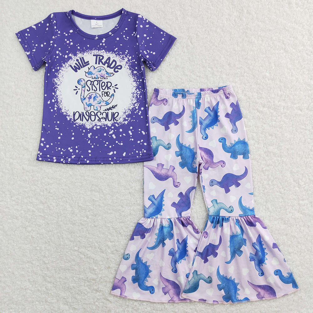 Baby Girls Purple Dinosaur Short Sleeve Tee Shirts Bell Pants Clothes Sets