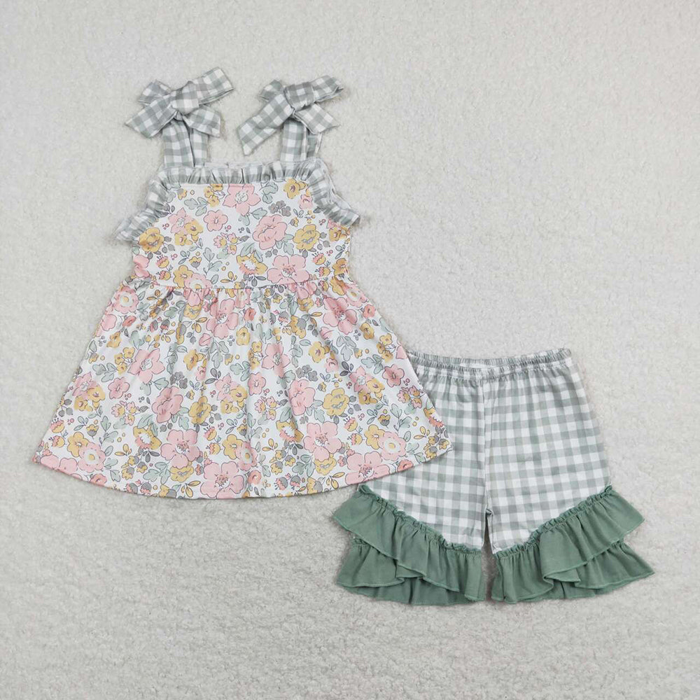 Baby Girls Spring Green Pink Flowers Tunic Ruffle Shorts Outfits Clothing Sets