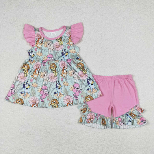 Baby Girls Dogs Flowers Flutter Sleeve Tunic Top Ruffle Shorts Clothes Sets