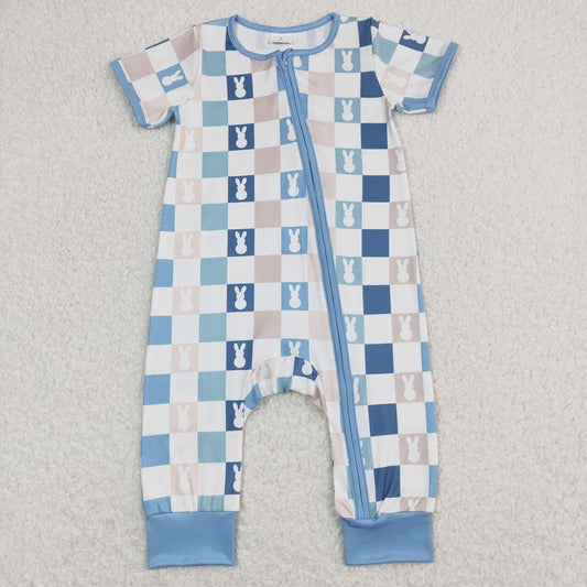 Baby Infant Kids Blue Checkered Rabbits Zip Rompers