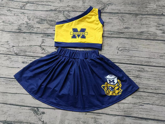 Baby Girls One Shoulder Michigan Cheer Team Top Skirt Clothes Sets preorder(MOQ 5)