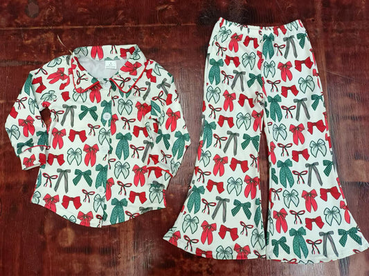 Preorder (moq 5)Baby Girls Green Red Bows Christmas Top Bell Pants Pajamas Clothes Sets