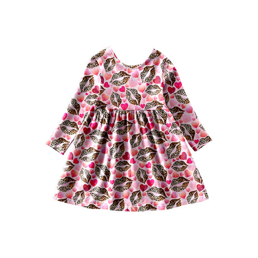 Baby Girls Long Sleeve Pink Hearts Leopard Knee Length Dresses Preorder(moq 5)