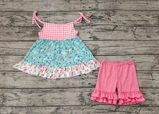 Baby Girls Pink Checkered Floral Halter Tunic Ruffle Shorts Clothes Sets