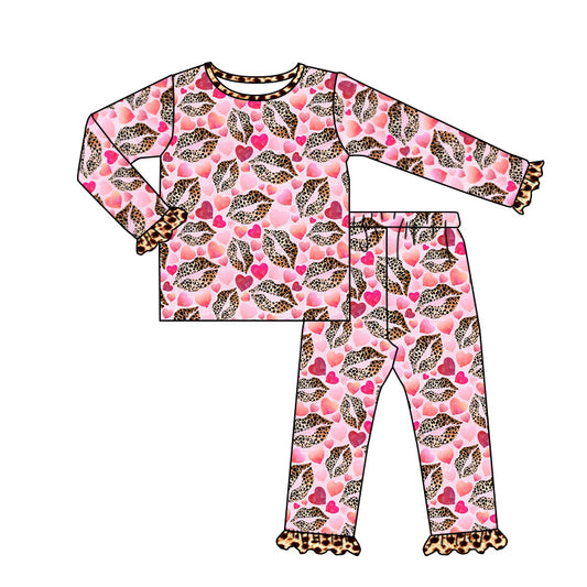 Baby Girls Valentines Leopard Hearts Pink Tee Pants Pajamas Clothing Sets Preorder(moq 5)