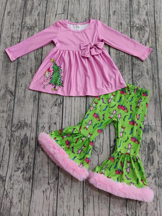 Preorder (moq 5)Baby Girls Christmas Tree Pink Tunic Top Ruffle Pants Clothes Sets