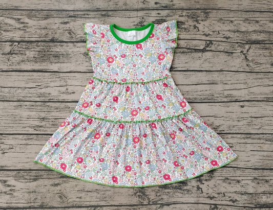 Baby Girls Green Flowers Flutter Sleeve Knee Length Dresses