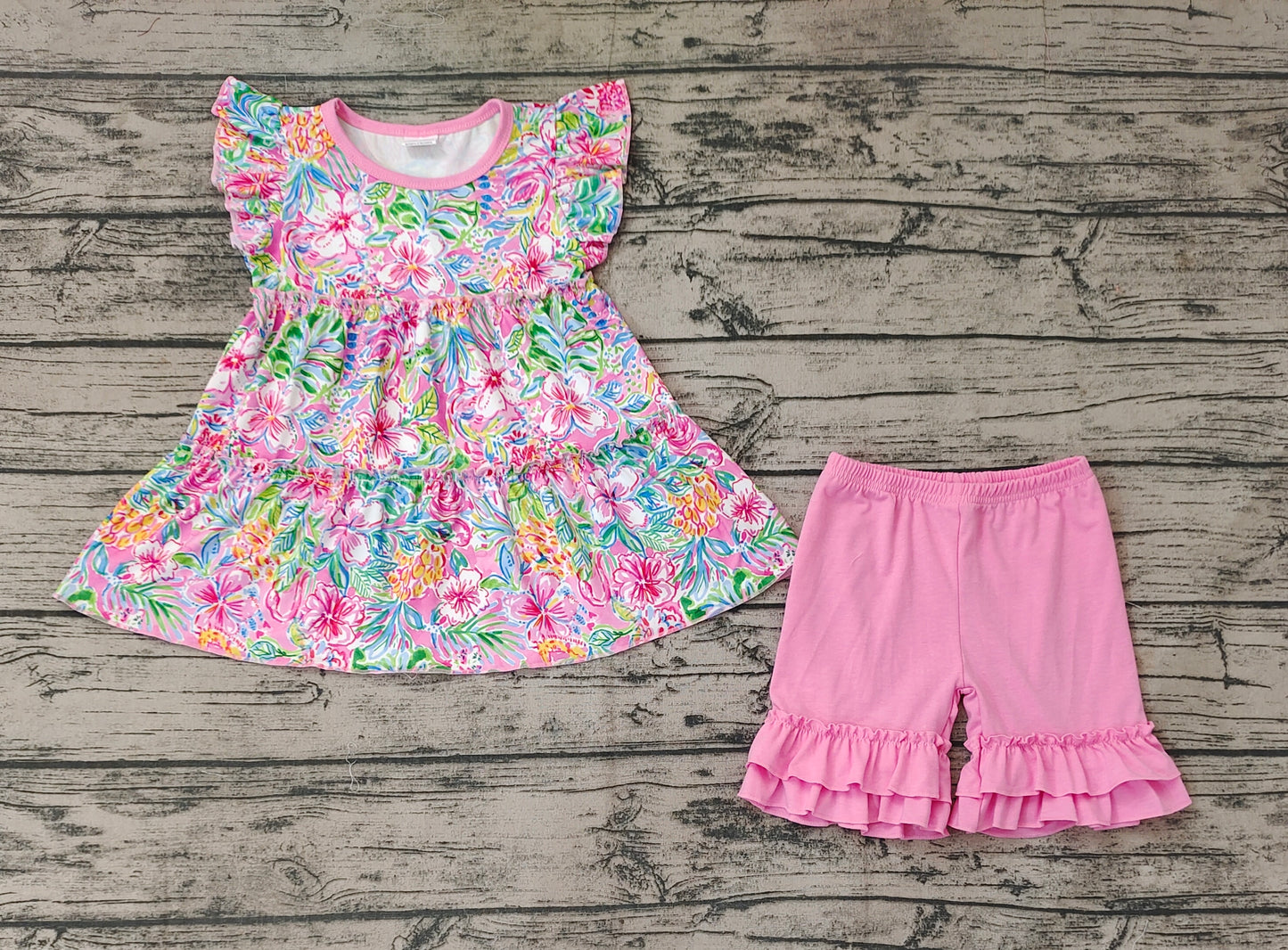 Baby Girls Flowers Tunic Dark Pink Shorts Summer Clothes Sets