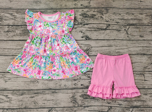 Baby Girls Flowers Tunic Dark Pink Shorts Summer Clothes Sets